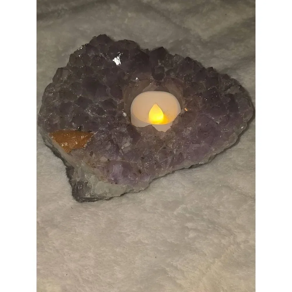 Natural Amethyst Crystal Geode Tea Light Holder LED Flameless Candle Home Decor